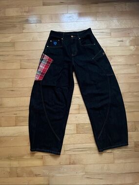 Aelfric Eden Black Relaxed Carpenter Jeans with Red Plaid Patch